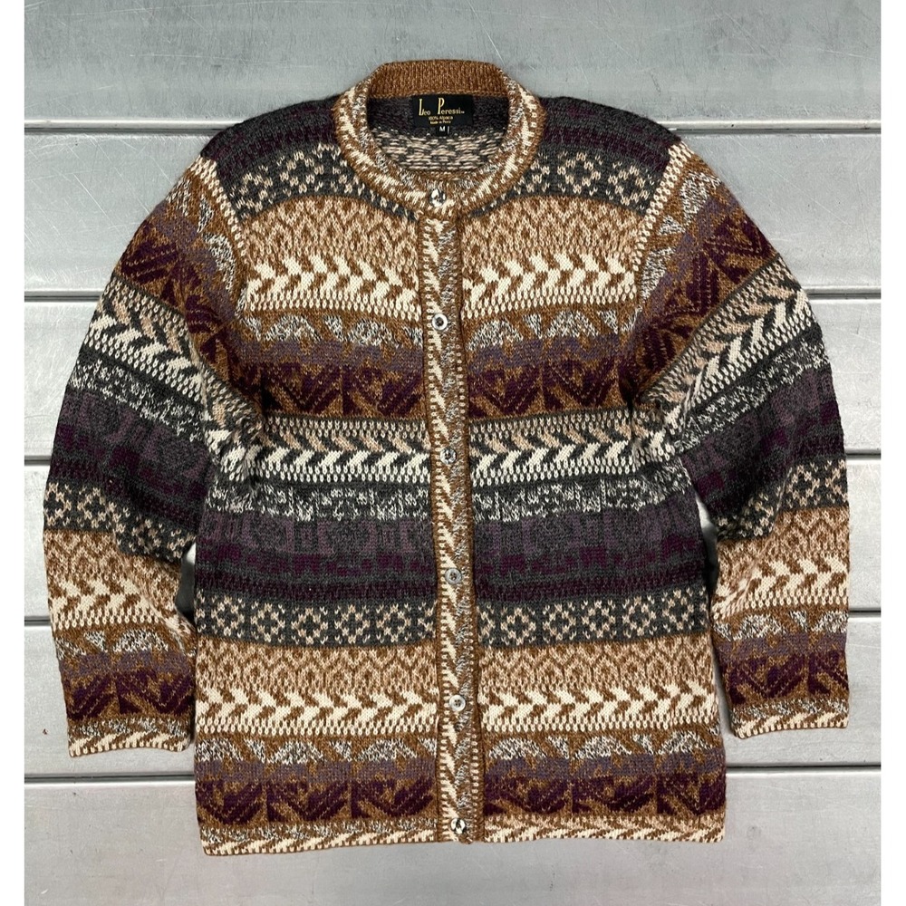 Leo Peressi Alpaca Cardigan Sweater Womens Medium Brown Fair Isle‎ Knit Button
